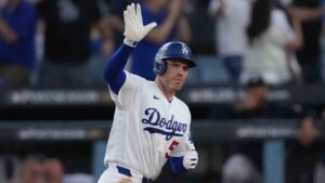 Los Angeles Dodgers' Freddie Freeman celebrates his home run during the fourth inning of Game 2 of a National League Division Series baseball game against the Atlanta Braves Sunday, Oct. 4, 2026, in Los Angeles. (Jae C. Hong/AP)