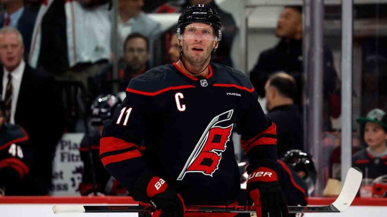 Carolina Hurricanes' Jordan Staal (11) skates back to a face-off against the Florida Panthers during the second period of an NHL hockey game in Raleigh, N.C., Tuesday, Sept. 29, 2026. (Karl DeBlaker/AP)