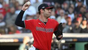 Cleveland Guardians starting pitcher Gavin Williams delivers during the first inning of Game 2 of baseball's American League Division Series against the Chicago White Sox, Monday, Oct. 5, 2026, in Cleveland. (Phil Long/AP)