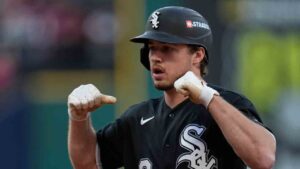 Chicago White Sox's Kyle Teel (8) celebrates after hitting a single during the fourth inning of Game 2 of baseball's American League Division Series against the Cleveland Guardians, Monday, Oct. 5, 2026, in Cleveland. (Sue Ogrocki/AP)