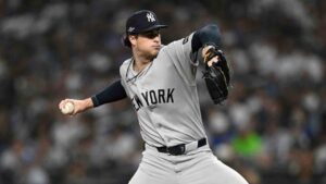 New York Yankees starting pitcher Cam Schlittler throws during the first inning in Game 2 of an American League Division Series baseball game against the Tampa Bay Rays Monday, Oct. 5, 2026, in St. Petersburg, Fla. (Phelan Ebenhack/AP)