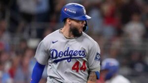 Los Angeles Dodgers center fielder Andy Pages (44) celebrates after hitting a two run RBI-single during the seventh inning in Game 4 of baseball's National League Division Series against the Atlanta Braves, Wednesday, Oct. 7, 2026, in Atlanta. (Mike Stewart/AP)