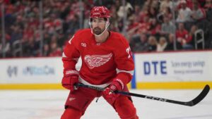 Detroit Red Wings center Dylan Larkin (71) plays against the Seattle Kraken in the first period of an NHL hockey game Friday, Oct. 9, 2026, in Detroit. (Paul Sancya/AP)