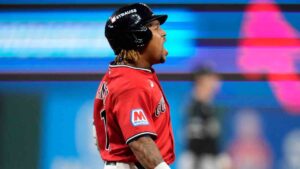 Cleveland Guardians third baseman José RamÃrez celebrates after hitting a home run in the fourth inning of Game 5 of baseball's American League Division Series against the Chicago White Sox, Saturday, Oct. 10, 2026, in Cleveland. (Sue Ogrocki/AP)