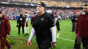 Washington Commanders head coach Dan Quinn leaves the field after an NFL game against the New York Giants in Landover, Md., Sunday, Oct. 11, 2026. (Nick Wass/AP)