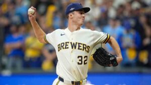Milwaukee Brewers pitcher Jacob Misiorowski throws during Game 1 of baseball's National League Championship Series between the Milwaukee Brewers and the Los Angeles Dodgers, Sunday, Oct. 11, 2026, in Milwaukee. (Abbie Parr/AP)