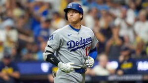 Los Angeles Dodgers designated hitter Shohei Ohtani look back after a fly out during the ninth inning of Game 2 of baseball's National League Championship Series between the Milwaukee Brewers and the Los Angeles Dodgers, Monday, Oct. 12, 2026, in Milwaukee. (Abbie Parr/AP)
