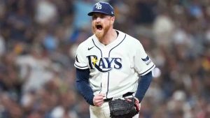 Tampa Bay Rays pitcher Drew Rasmussen celebrates after striking out Cleveland Guardians' José Ramírez during the fifth inning in Game 1 of an American League Championship Series baseball game in St. Petersburg, Fla. Monday, Oct. 12, 2026. (David J. Phillip/AP)