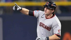 Cleveland Guardians' Chase DeLauter celebrates a home run against the Tampa Bay Rays during the sixth inning in Game 1 of an American League Championship Series baseball game in St. Petersburg, Fla. Monday, Oct. 12, 2026. (Phelan M. Ebenhack/AP)