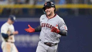 Cleveland Guardians' Patrick Bailey celebrates after a home run against the Tampa Bay Rays during the seventh inning in Game 1 of an American League Championship Series baseball game in St. Petersburg, Fla. Monday, Oct. 12, 2026. (Phelan M. Ebenhack/AP)