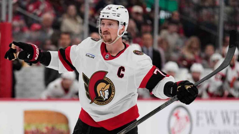 Ottawa Senators' Thomas Chabot celebrates a goal during the third period of an NHL hockey game against the New Jersey Devils in Newark, N.J., Monday, Oct. 12, 2026. (Seth Wenig/AP)