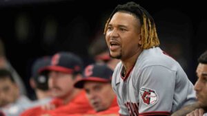 Cleveland Guardians third baseman José Ramírez watches during the second inning in Game 2 of an American League Championship Series baseball game against the Tampa Bay Rays in St. Petersburg, Fla. Tuesday, Oct. 13, 2026. (Phelan M. Ebenhack/AP)