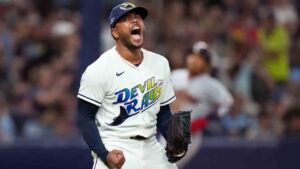 Tampa Bay Rays pitcher Freddy Peralta celebrates the last out in the top of the fifth inning in Game 2 of an American League Championship Series baseball game against the Cleveland Guardians in St. Petersburg, Fla. Tuesday, Oct. 13, 2026. (David J. Phillip/AP)