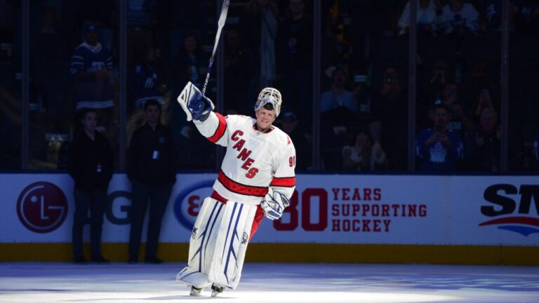 Emergency backup goaltender David Ayres is named the game's first star after helping the Carolina Hurricanes defeat the Maple Leafs 6-3 in Toronto on Saturday, Feb. 22, 2020. THE CANADIAN PRESS/Frank Gunn