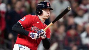 Cleveland Guardians' Chase DeLauter watches his RBI-single against the Tampa Bay Rays during the first inning in Game 4 of an American League Championship Series baseball game in Cleveland, Saturday, Oct. 17, 2026. (David J. Phillip/AP)