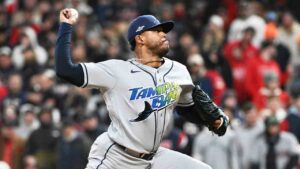Tampa Bay Rays pitcher Freddy Peralta throws against the Cleveland Guardians during the sixth inning in Game 4 of an American League Championship Series baseball game in Cleveland, Saturday, Oct. 17, 2026. (Phil Long/AP)