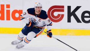 Edmonton Oilers center Connor McDavid (97) skates with the puck during the first period of an NHL hockey game against the Utah Mammoth Saturday, Oct. 17, 2026, in Salt Lake City. (Melissa Majchrzak/AP)