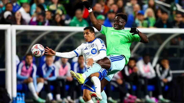 Seattle Sounders defender Yéimar Gómez Andrade, right, battles with CF Montréal forward Alexis Sánchez, left, for a loose ball during the first half of an MLS soccer match, Saturday, Oct. 17, 2026, in Seattle. (Rio Giancarlo/AP)