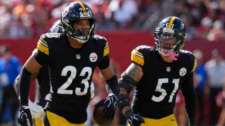 Pittsburgh Steelers cornerback Daylen Everette (23) celebrates after intercepting a pass during the second half of an NFL football game against the Tampa Bay Buccaneers in Tampa, Fla., Sunday, Oct. 18, 2026. (Chris O'Meara/AP)