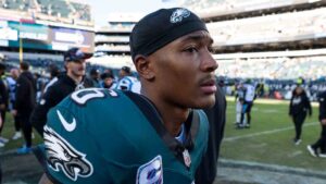 Philadelphia Eagles wide receiver DeVonta Smith (6) looks on after an NFL football game against the Carolina Panthers in Philadelphia, Sunday, Oct. 18, 2026. (Chris Szagola/AP)
