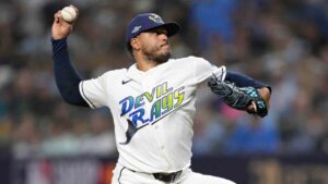 Tampa Bay Rays pitcher Freddy Peralta throws against the Cleveland Guardians during the first inning in Game 6 of an American League Championship Series baseball game in St. Petersburg, Fla. Monday, Oct. 19, 2026. (Phelan M. Ebenhack/AP)