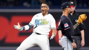 Tampa Bay Rays' Richie Palacios celebrates a two-run double against the Cleveland Guardians during the second inning in Game 6 of an American League Championship Series baseball game in St. Petersburg, Fla. Monday, Oct. 19, 2026. (David J. Phillip/AP)