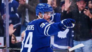 Toronto Maple Leafs' Auston Matthews (34) celebrates after scoring against the San Jose Sharks during second period NHL hockey action in Toronto, on Monday, Oct. 19, 2026. (Sammy Kogan/CP)