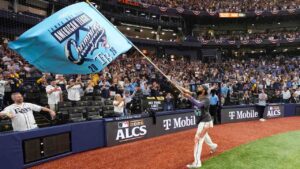 Tampa Bay Rays third baseman Junior Caminero celebrates their win against the Cleveland Guardians in Game 6 of an American League Championship Series baseball game in St. Petersburg, Fla. Monday, Oct. 19, 2026. (David J. Phillip/AP)
