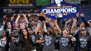 Tampa Bay Rays pitcher Freddy Peralta celebrates after their win against the Cleveland Guardians in Game 6 of an American League Championship Series baseball game in St. Petersburg, Fla. Monday, Oct. 19, 2026. (David J. Phillip/AP)
