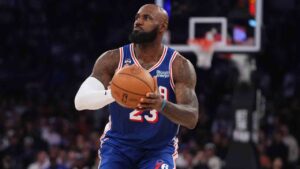 Philadelphia 76ers forward LeBron James shoots during the second half of an NBA basketball game against the New York Knicks Tuesday, Oct. 20, 2026, in New York. (Frank Franklin II/AP)