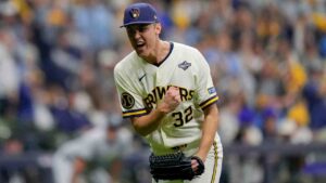 Milwaukee Brewers pitcher Jacob Misiorowski celebrates after the second inning of Game 1 of baseball's World Series, Friday, Oct. 23, 2026, in Milwaukee, between the Milwaukee Brewers and the Tampa Bay Rays. (Ashley Landis/AP)