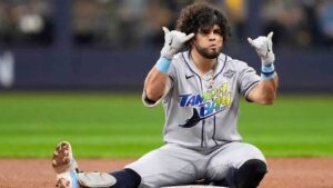 Tampa Bay Rays' Jonathan Aranda celebrates a double during the fifth inning of Game 2 of baseball's World Series, Saturday, Oct. 24, 2026, in Milwaukee, between the Milwaukee Brewers and the Tampa Bay Rays. (Kayla Wolf/AP)