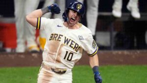 Milwaukee Brewers' Sal Frelick celebrates his home run during the sixth inning of Game 2 of baseball's World Series, Saturday, Oct. 24, 2026, in Milwaukee, between the Milwaukee Brewers and the Tampa Bay Rays. (David J. Phillip/AP)