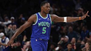 Minnesota Timberwolves guard Anthony Edwards celebrates scoring during the first half of an NBA basketball game against the Toronto Raptors, Sunday, Oct. 25, 2026, in Minneapolis. (Bailey Hillesheim/AP)