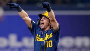Milwaukee Brewers right fielder Sal Frelick celebrates his RBI double during the fifth inning of Game 3 of baseball's World Series, Monday, Oct. 26, 2026, in St. Petersburg, Fla., between the Milwaukee Brewers and the Tampa Bay Rays. (Chris O'Meara/AP)