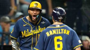 Milwaukee Brewers' David Hamilton celebrates his home run with Jackson Chourio during the fifth inning of Game 4 of baseball's World Series, Tuesday, Oct. 27, 2026, in St. Petersburg, Fla., between the Milwaukee Brewers and the Tampa Bay Rays. (Ashley Landis/AP)
