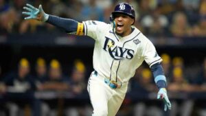 Tampa Bay Rays' Chandler Simpson celebrates during the 12th inning of Game 4 of baseball's World Series, Wednesday, Oct. 28, 2026, in St. Petersburg, Fla., between the Milwaukee Brewers and the Tampa Bay Rays. (Ashley Landis/AP)