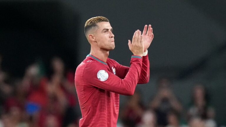 Portugal's Cristiano Ronaldo claps his hands as he leaves the pitch after being substituted during the Nations League soccer match between Portugal and Wales in Lisbon, Thursday, Sept. 24, 2026. (Armando Franca/AP)
