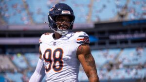 Chicago Bears defensive end Montez Sweat (98) warms up before the NFL match up against the Carolina Panthers on Sunday, Sept. 13, 2026, in Charlotte, N.C. (Scott Kinser/AP)