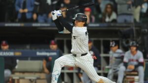 Chicago White Sox's Munetaka Murakami hits a single during the fifth inning in Game 4 of baseball's American League Division Series against the Cleveland Guardians, Thursday, Oct. 8, 2026, in Chicago. (Melissa Tamez/AP)