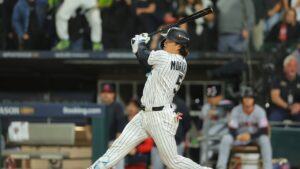Chicago White Sox's Munetaka Murakami (5) strikes out during the first inning in Game 4 of baseball's American League Division Series against the Cleveland Guardians, Thursday, Oct. 8, 2026, in Chicago. (Melissa Tamez/AP)