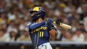 Milwaukee Brewers' Jackson Chourio follows through after hitting an RBI single against the San Diego Padres during the fifth inning in Game 4 of baseball's National League Division Series Wednesday, Oct. 7, 2026, in San Diego. (Derrick Tuskan/AP)