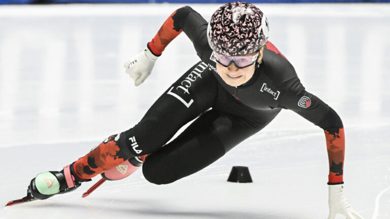 Claudia Gagnon of Canada skates at the World Cup Short Track Speedskating event in Montreal, Sunday, Oct. 29, 2023. (Graham Hughes/CP)