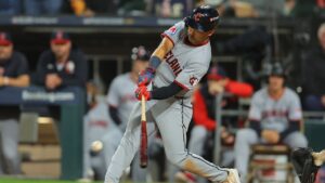 Cleveland Guardians' Steven Kwan hits a single during the fifth inning in Game 4 of baseball's American League Division Series against the Chicago White Sox, Thursday, Oct. 8, 2026, in Chicago. (Melissa Tamez/AP)