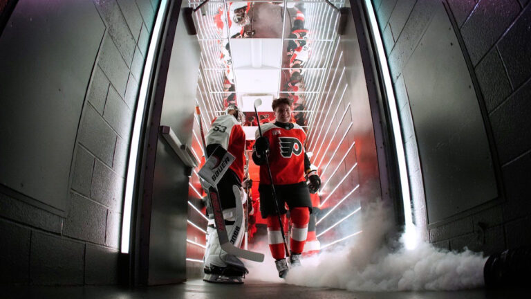 Philadelphia Flyers' Cole Knuble walks to the ice before an NHL hockey game against the Colorado Avalanche Monday, Oct. 19, 2026, in Philadelphia. (Matt Slocum/AP)