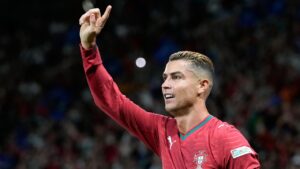 Portugal's Cristiano Ronaldo gestures after having a goal disallowed by the VAR during the Nations League soccer match between Portugal and Wales in Lisbon, Thursday, Sept. 24, 2026. (Armando Franca/AP)