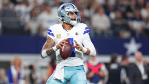 Dallas Cowboys quarterback Dak Prescott looks to pass during an NFL football game between the Dallas Cowboys and the Tampa Bay Buccaneers, Thursday, Oct. 8, 2026, Arlington, Texas. (Julio Cortez/AP)