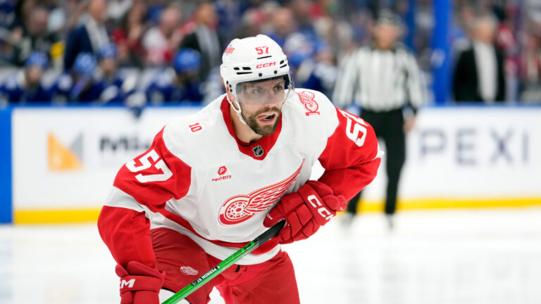 Detroit Red Wings left wing David Perron (57) against the Tampa Bay Lightning during the third period of an NHL hockey game Monday, April 13, 2026, in Tampa, Fla. (Chris O'Meara/AP)