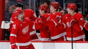 Detroit Red Wings center Dylan Larkin (71) celebrates his goal against the Ottawa Senators during the first period of an NHL hockey game Tuesday, Oct. 6, 2026, in Detroit. (Duane Burleson/AP)