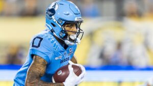 Toronto Argonauts' Dymere Miller returns a punt during second half CFL football action against the Hamilton Tiger-Cats, in Hamilton on Saturday, July 18, 2026. (Michael P. Hall/CP)